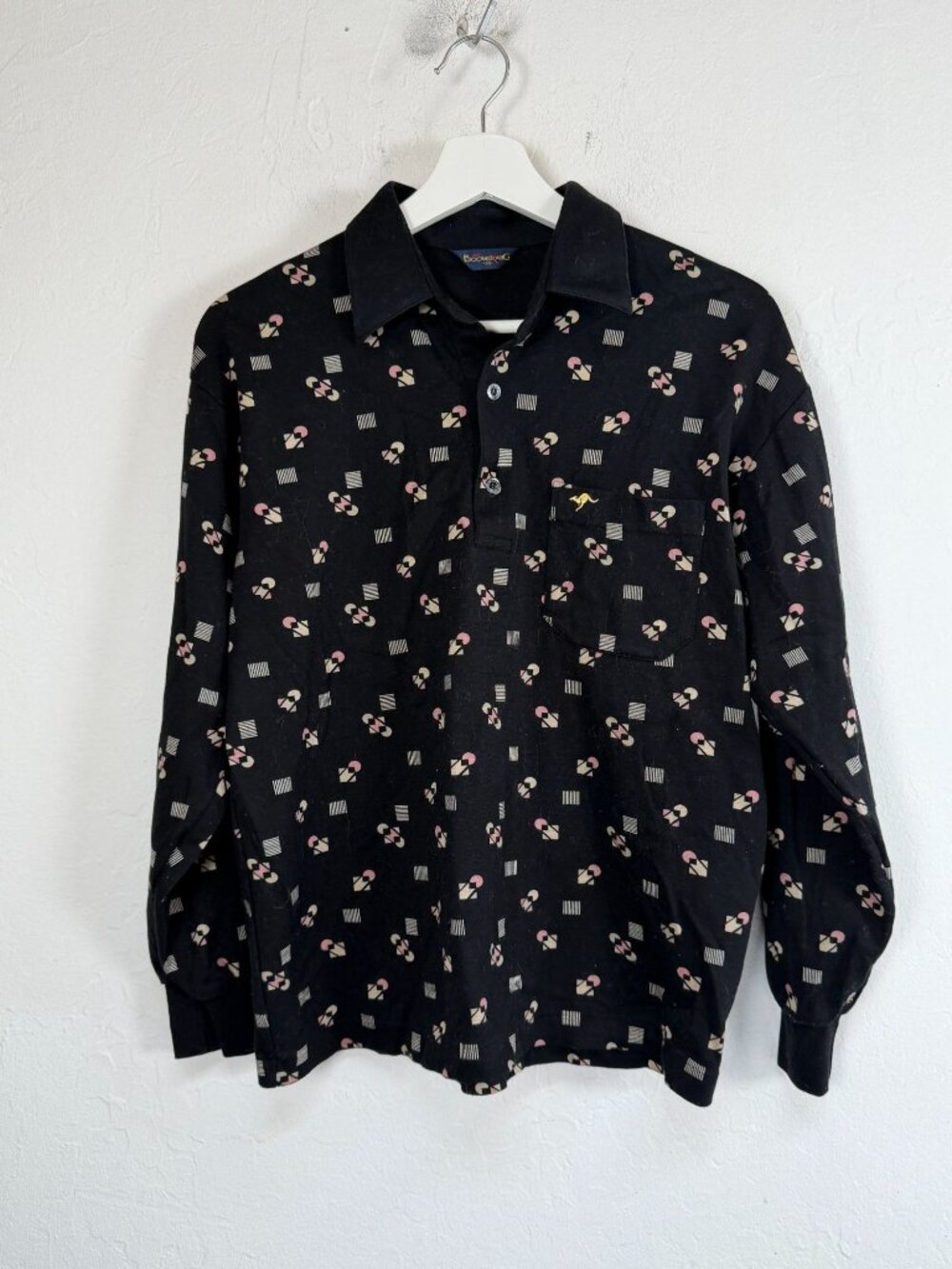 Vintage Boomerang Men's Black Geometric Print Long Sleeve Polo Shirt Size 95